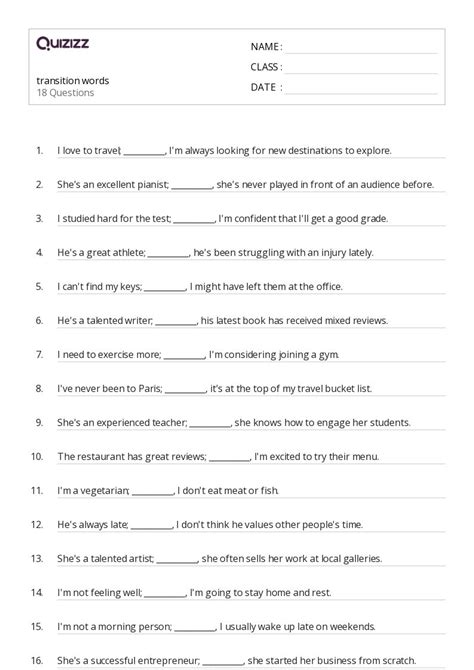 Transition Words Worksheets For Th Year On Quizizz Free Printable