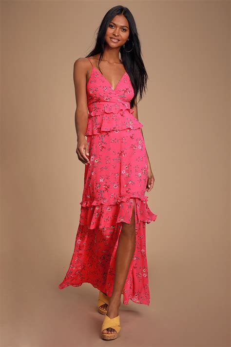 Fuchsia Pink Floral Print Dress Ruffled Dress Pink Maxi Dress Lulus