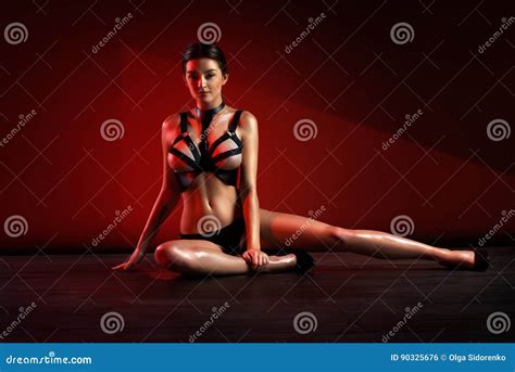 Beautiful Naked Woman Posing In Lingerie On Red Background Stock Photo Image Of Glamour Legs