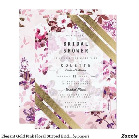 Elegant Gold Pink Floral Striped Bridal Shower Invitation Zazzle