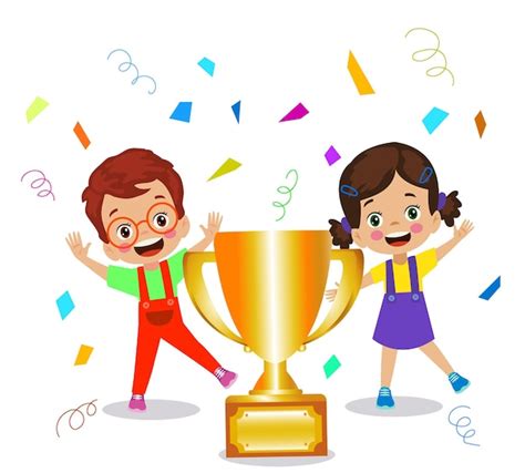 Premium Vector Cute Happy Boy Holding Golden Trophy