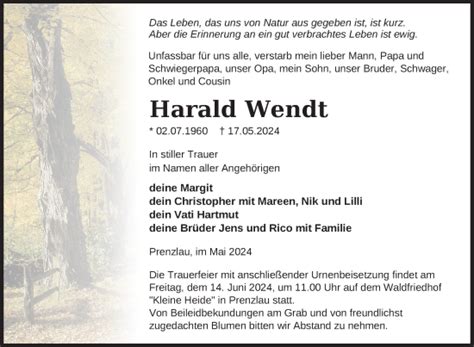 Traueranzeigen Von Harald Wendt Trauer Nordkurier