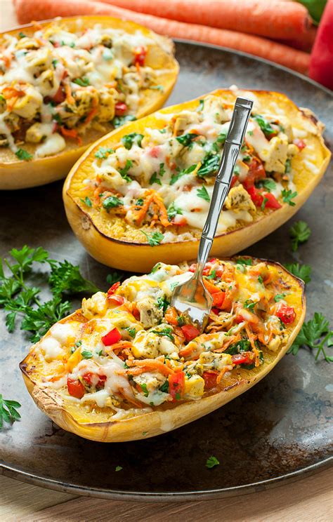 Cheesy Pesto Chicken And Veggie Stuffed Spaghetti Squash