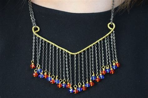 Diy Red And Blue Beaded Fringe Necklace With Simple Wire Coiling