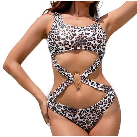 Women Sexy Leopard Print Hollow Neck Sling Free Piece Bikini Swimwear