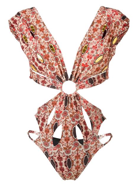 Amir Slama Floral Print Cut Out Swimsuit Red Farfetch Uk