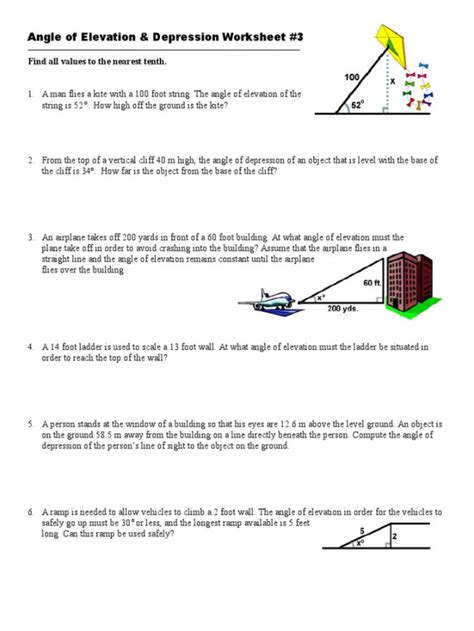 Angle Of Elevation And Depression Worksheet Printable Pdf Template