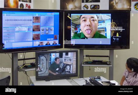 Tsukuba Japan Japanese Astronaut Satoshi Furukawa Shown In Displays