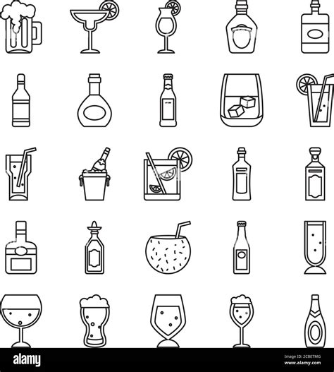 Tropical Cocktails And Liquor Bottles Icon Set Over White Background Line Style Vector