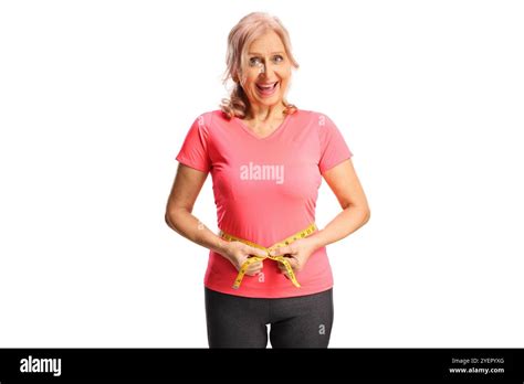Mature Woman With Measuring Tape Around Waist Weight Loss Concept