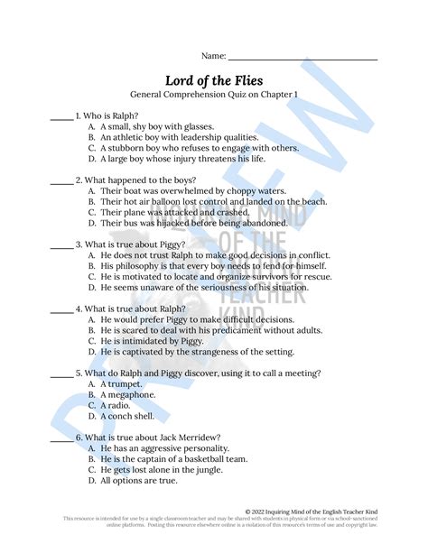 Lord Of The Flies Chapter Quiz And Answer Key Made By Teachers