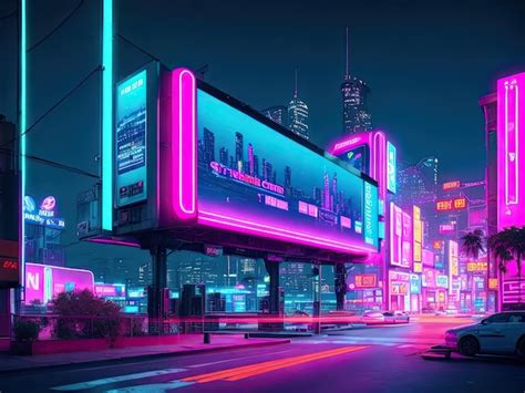 Premium AI Image Photo Futuristic Neon City With Billboard At Stree