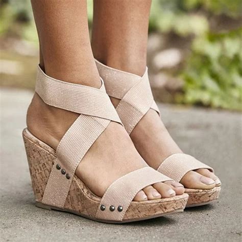 Large Size Women Peep Toe Elastic Band Cross Wedge Sandals