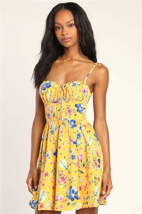 Yellow Floral Print Dress Backless Dress Floral Mini Dress Lulus