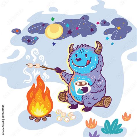 Bigfoot roasts marshmallows over a campfire. Vector illustration in cartoon style Stock Vector ...