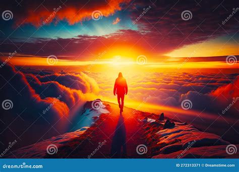 Man Standing On Top Of Snow Covered Mountain Under Cloudy Sky At Sunset