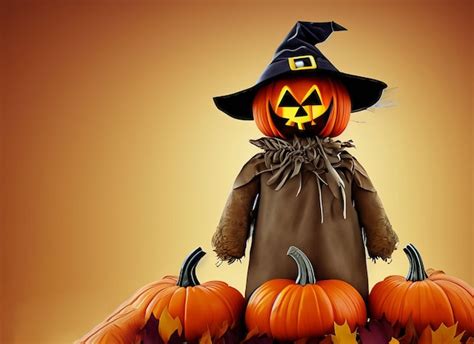 Premium Ai Image Halloween Scarecrow With Caved Pumpkin Head Autumn