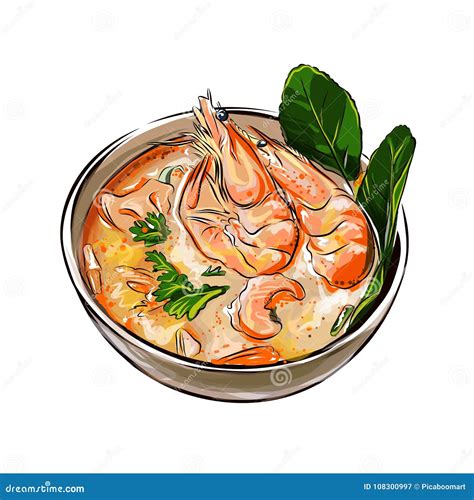 Tom Yam Soup Thai Food With Shrimps Vector Illustration Stock Vector