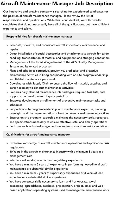 Aircraft Maintenance Manager Job Description Velvet Jobs