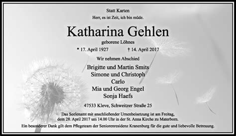 Alle Traueranzeigen Für Katharina Gehlen Trauerrp Onlinede