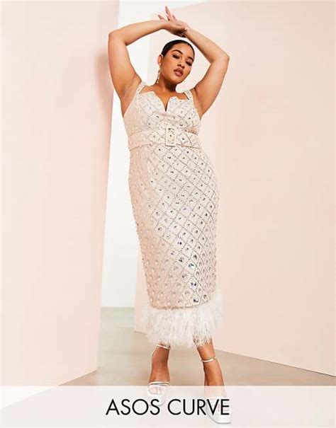 Asos Luxe Curve V Neck Square Grid Embellished Midi Dress With Feather