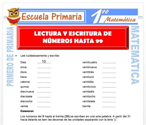 Lectura Y Escritura De Numeros Hasta 99 Para Primero De Primaria