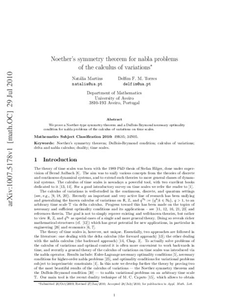 (PDF) Noether's symmetry theorem for nabla problems of the calculus of ...