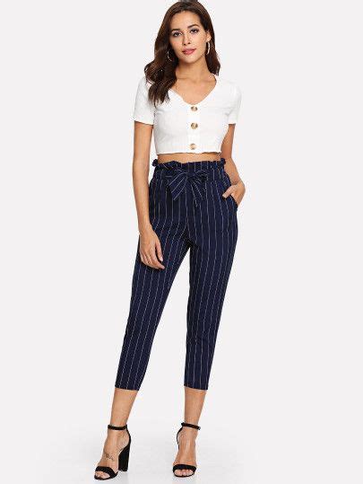 Paperbag Waist Self Tie Capri Pants Belted Pants Striped Casual Stripes