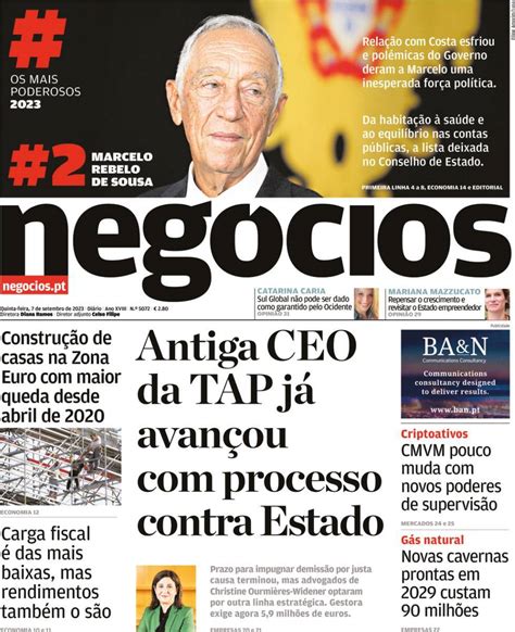 Capa Jornal De Negócios 7 Setembro 2023 Capasjornaispt