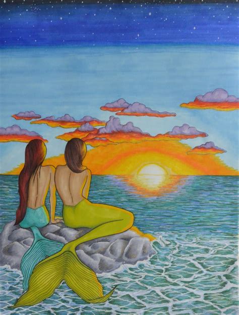 Mermaid Sunset Drawing By Elizabeth Weglein Sunset Art Mermaid