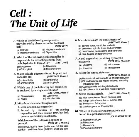 Solution Pyq Of Cell The Unit Of Life For Neet Studypool