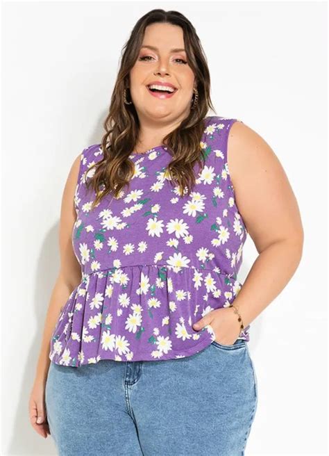 Regata Floral Roxa Peplum Plus Size Queima De Estoque