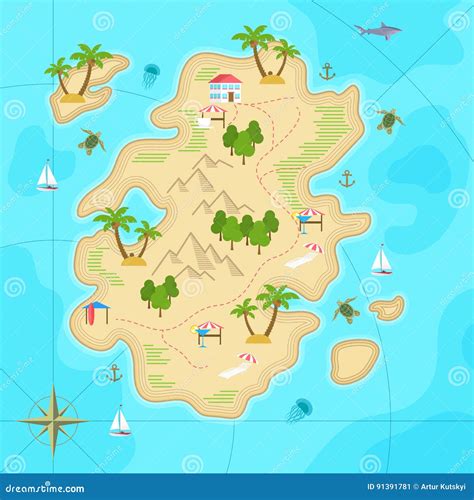 Cartoon Tropical Island In Ocean Top View Exotic Island Map Vector