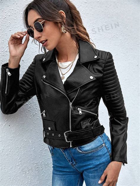 Shein Essnce Lapel Collar Belted Zip Up Pu Moto Jacket Shein Usa