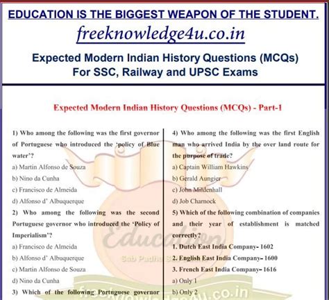 Expected Modern Indian History Questions Mcqs Education