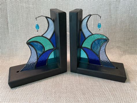 Bookends Stained Glass Bookends Ocean Waves Whimsical Art Blue Waves Nautical Décor Stained