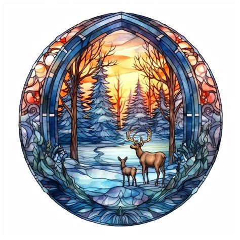 Premium AI Image | A close up of a stained glass window with a deer and ...