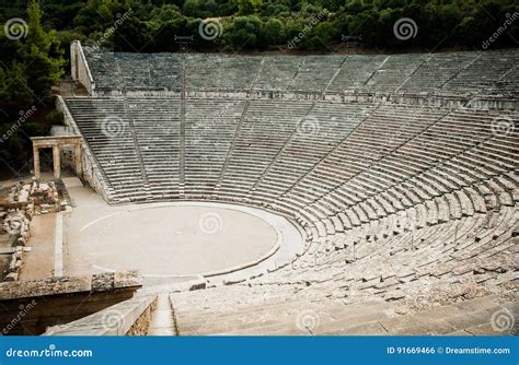 Famous Greek Ancient Empty Amphitheater In Epidaurus Greece Stock