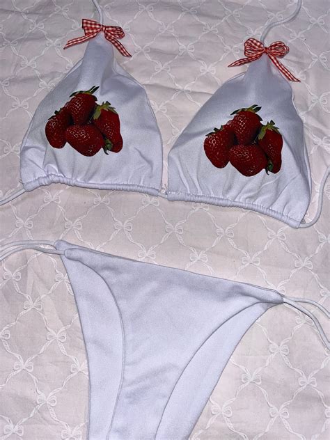 Strawberry Custom Bikini Set Bra Swimsuit Personalized White Coquette Egirl Bows Lana Del Rey