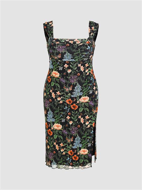 Mesh Mesh Square Neck Floral Bowknot Split Midi Dress Curve And Plus For