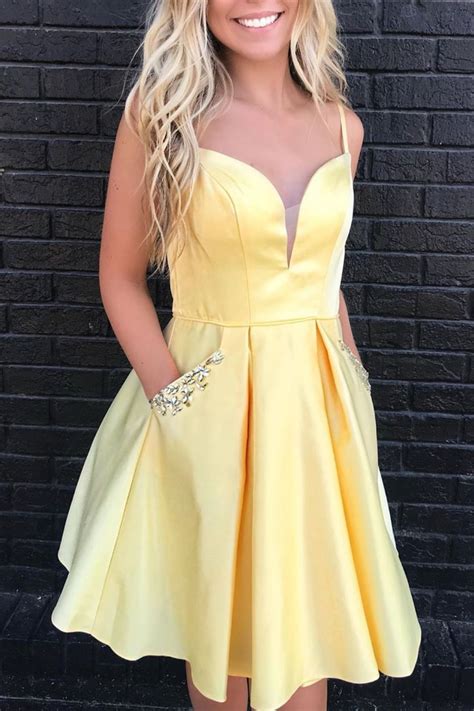 Cute Short Yellow Homecoming Dress With Pockets Yellow Homecoming