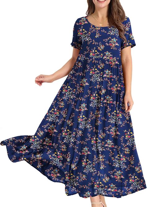 Yesno Women Casual Loose Bohemian Floral Dress With Pockets Short Sleeve Long Maxi Summer Beach