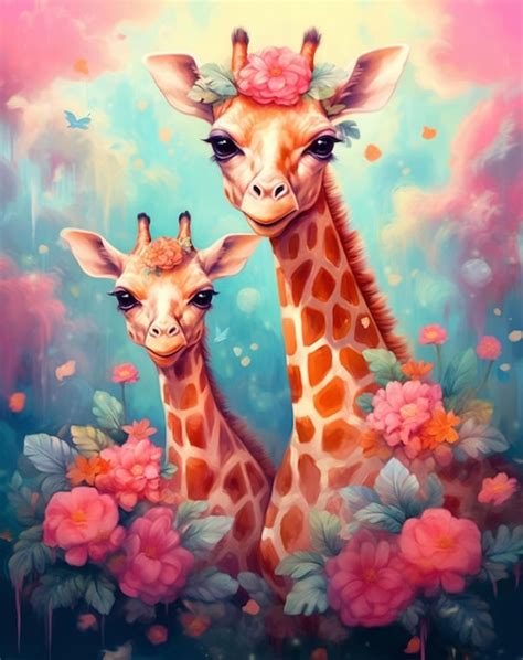 Premium Photo A Painting Of A Giraffe With A Flower Crown On Its Head