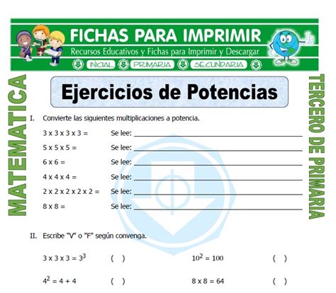 Ejercicios De Potencias Para Tercero De Primaria Fichas Para Imprimir