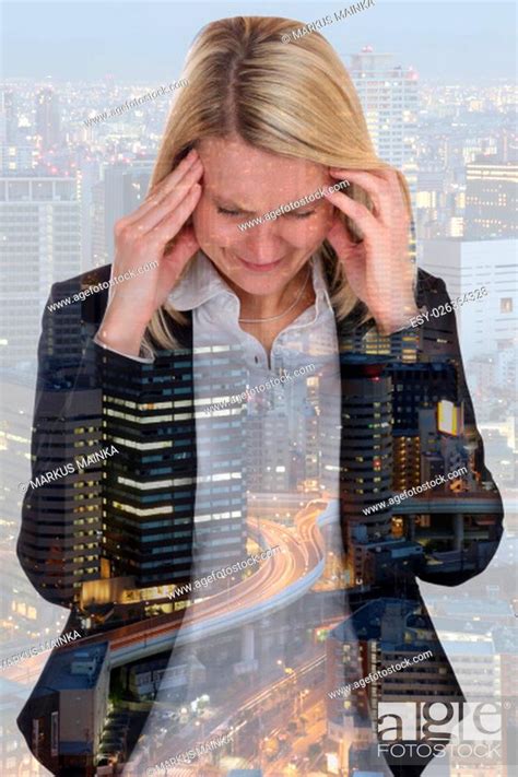 Business Woman Business Woman Stress Headaches Burnout Manager City Double Exposure Despair