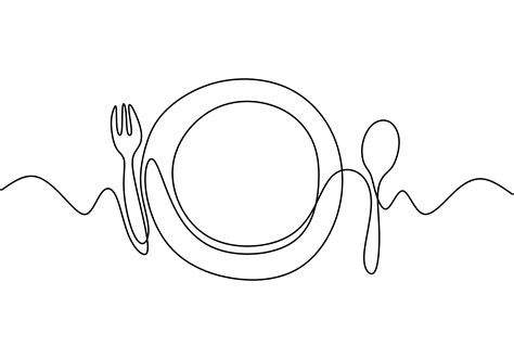 Continuous Line Drawing Of Food Symbol Sign Of Plate Knife And Fork