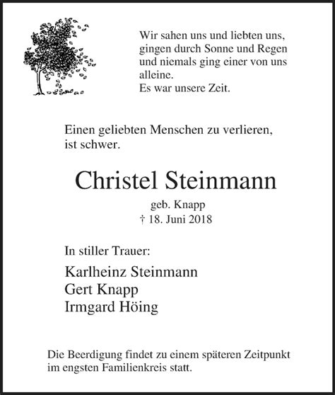 Traueranzeigen Von Christel Steinmann Trauer In NRW De