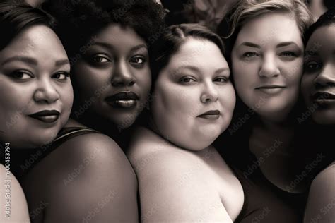 Diverse Group Of Curvy Plus Size Active Big Chubby Woman Standing Next To Each Other