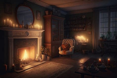 Premium Ai Image A Cozy Living Room Dimly Lit With Candles And A Fire