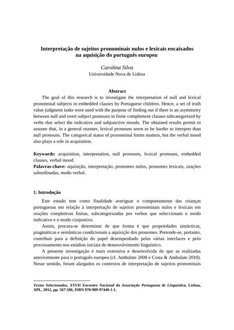 Pdf Interpreta O De Sujeitos Pronominais Nulos E Lexicais